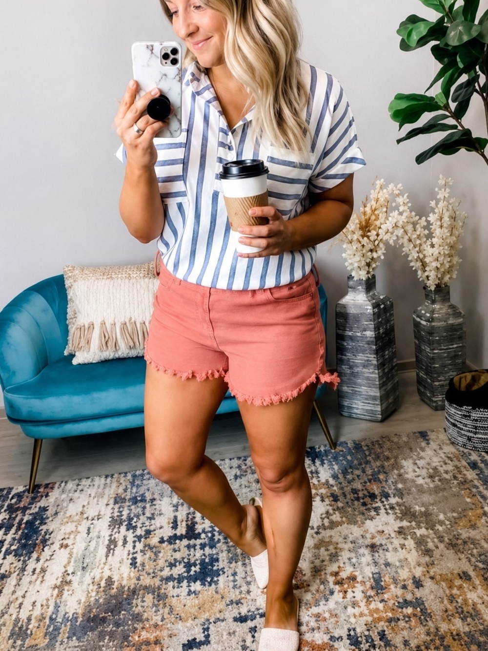 Striped Button-Up Short Sleeve Blouse in White & Blue